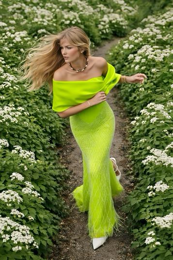 Abito da sera drappeggiato color verde mela con paillettes